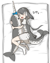 Rule 34 | 1girl, black bow, blowhole, blue bow, blue neckerchief, bow, cetacean tail, commentary request, dress, fins, fish tail, grey dress, grey hair, hair bow, heart, hug, kemono friends, multicolored hair, narwhal (kemono friends), neckerchief, no shoes, numero 509, on bed, open mouth, puffy short sleeves, puffy sleeves, sailor collar, sailor dress, short hair, short hair with long locks, short sleeves, sleeping, socks, solo, stuffed animal, stuffed toy, tail, two-tone dress, white hair, white socks
