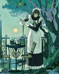 Rule 34 | 1girl, apron, braid, brown hair, chainsaw man, chair, closed mouth, coffee, dress, closed eyes, facing viewer, flat color, full body, highres, image sample, ironwork, long dress, long hair, long sleeves, maid, maid apron, maid headdress, makima (chainsaw man), medium hair, moon, moonlight, outdoors, pouring, railing, ribbon, sensui n, side braid, single braid, skull, smile, solo, spilling, standing, table, teapot, tree, tree shade, twitter sample