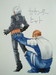 Rule 34 | 2boys, android, ass, brown hair, from behind, gloves, hand on ass, k&#039; (kof), maxima, multiple boys, simple background, snk, the king of fighters, white hair, yaoi