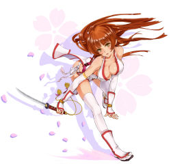 Rule 34 | 1girl, bare shoulders, blush, breasts, bridal gauntlets, brown eyes, brown hair, cleavage, collarbone, dead or alive, highres, kasumi (doa), kodachi, large breasts, leaning forward, looking at viewer, ninja, pelvic curtain, petals, reverse grip, sandals, short sword, solo, sword, tabi, tecmo, thighhighs, weapon, white thighhighs, yamaishi (mukoubuti)