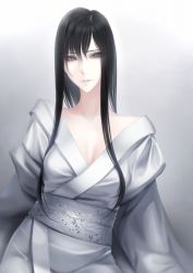 Rule 34 | 1girl, black hair, breasts, cleavage, erise, grey eyes, highres, japanese clothes, kimono, long hair, looking at viewer, medium breasts, original, simple background, solo, white kimono, wide sleeves