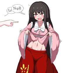 1girl black_hair bow breasts clothes_lift ehehe52921343 english_text houraisan_kaguya large_breasts long_hair long_sleeves midriff open_mouth pink_shirt red_skirt shirt shirt_lift simple_background skirt speech_bubble standing touhou very_long_hair white_background white_bow wide_sleeves