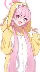 Rule 34 | + +, 1girl, :d, absurdres, blue archive, blush, fang, fukujin, halo, highres, hood, hooded pajamas, koyuki (blue archive), long hair, long sleeves, looking at viewer, official alternate costume, open mouth, pajamas, pink eyes, pink hair, pink halo, simple background, skin fang, smile, solo, twintails, white background, yellow pajamas