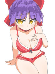 Rule 34 | 1girl, blush, bow, bra, breasts, choker, cleavage, commentary request, gegege no kitarou, hair bow, large breasts, looking at viewer, medium breasts, naitou kouse, navel, nekomusume, nekomusume (gegege no kitarou 6), panties, pointy ears, purple hair, red bow, red choker, short hair, simple background, solo, underwear, underwear only, white background, yellow eyes