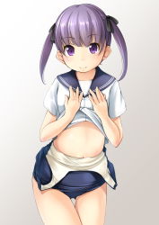Rule 34 | 1girl, clothes pull, cowboy shot, gluteal fold, gradient background, grey background, hand on own chest, highres, looking at viewer, no pants, one-piece swimsuit pull, original, purple eyes, purple hair, sailor collar, sailor shirt, school swimsuit, school uniform, serafuku, shibacha (shibacha 0728), shirt, short hair, smile, solo, swimsuit, thigh gap, twintails, uniform