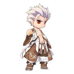 Rule 34 | 1boy, belt, brown belt, brown footwear, brown pants, chibi, clenched hand, closed mouth, cloud print, fold-over boots, frown, full body, hair slicked back, long sleeves, looking at viewer, male focus, navel, official art, open clothes, open shirt, pants, print shirt, ragnarok online, red eyes, shirt, short hair, simple background, solo, spiked hair, standing, star emperor (ragnarok online), tachi-e, transparent background, v-shaped eyebrows, white hair, white shirt, wide sleeves, yuichirou