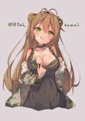 Rule 34 | 1girl, :p, antenna hair, bare shoulders, blush, breasts, brown hair, camouflage, cleavage, collarbone, commentary request, cropped torso, double bun, eip (pepai), girls&#039; frontline, green eyes, hair bun, hair ornament, jacket, large breasts, long hair, looking at viewer, military jacket, portrait, rfb (girls&#039; frontline), smile, solo, teasing, tongue, tongue out