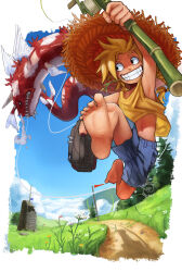 Rule 34 | 1boy, 2020, absurdres, bag, bamboo, barefoot, black eyes, blonde hair, blue shorts, blue sky, castle, cloud, commentary, dirt road, dragon, eastern dragon, english commentary, fishing rod, flag, freckles, grass, grin, hat, highres, holding, holding bag, male focus, mouth hold, navel, original, road, running, shorts, signature, sky, smile, snoozincopter, solo, sun hat, tank top, yellow tank top