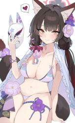Rule 34 | 1girl, absurdres, animal ear fluff, animal ears, bikini, black hair, blue archive, blush, breasts, cleavage, closed mouth, collarbone, colored inner hair, flower, fox ears, fox mask, fox tail, hair flower, hair ornament, halo, heart, highres, holding, holding mask, kani nyan, large breasts, long hair, mask, multicolored hair, navel, official alternate costume, pink flower, purple flower, red hair, red halo, simple background, smile, solo, spoken heart, string bikini, swimsuit, tail, thigh strap, two-tone hair, wakamo (blue archive), wakamo (swimsuit) (blue archive), white background, white bikini, yellow eyes