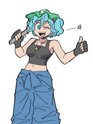 Rule 34 | 1girl, ;d, absurdres, black gloves, black tank top, blue eyes, blue hair, blue pants, commentary, eddybird55555, english commentary, fingerless gloves, flat cap, gloves, green hat, hair bobbles, hair ornament, hat, highres, holding, holding wrench, kawashiro nitori, key, looking at viewer, navel, one eye closed, open mouth, pants, parody, ringed eyes, short hair, simple background, smile, solo, style parody, tank top, touhou, two side up, vanripper (style), white background, wrench