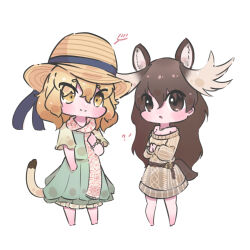 2girls ? animal_ears antlers bare_legs bare_shoulders belt blonde_hair blush brown_belt brown_eyes brown_hair casual chai_chai_huishi dress extra_ears green_dress hair_between_eyes hat highres horns kemono_friends light_brown_hair lion_(kemono_friends) lion_ears lion_girl lion_tail long_hair long_sleeves moose_(kemono_friends) moose_antlers moose_ears moose_girl moose_tail multicolored_hair multiple_girls no_legwear official_alternate_costume scarf short_hair short_sleeves sidelocks spoken_blush spoken_question_mark sun_hat sundress sweater sweater_dress tail white_scarf yellow_eyes