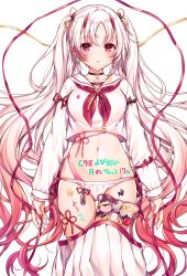 Rule 34 | 1girl, arm ribbon, arms at sides, black ribbon, blush, body writing, breasts, choker, clothes pull, collarbone, commentary request, copyright request, cross, cross choker, cross earrings, earrings, gluteal fold, gradient hair, hair ribbon, highres, horns, jewelry, komeshiro kasu, long sleeves, looking at viewer, medium breasts, midriff, multicolored hair, nail polish, navel, oni horns, panties, parted bangs, parted lips, pink hair, pink neckwear, pleated skirt, pointy ears, purple nails, red eyes, red hair, red ribbon, ribbon, sailor collar, silver hair, simple background, skirt, skirt pull, solo, stomach, streaked hair, tassel, translation request, twintails, underwear, white background, white panties, white sailor collar, white skirt, yellow ribbon