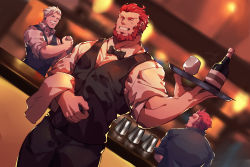 Rule 34 | 3boys, absurdres, alcohol, alternate costume, bar (place), bara, bartender, beard, black pants, black shirt, black vest, blue eyes, bow, bowtie, brown hair, chinese commentary, closed mouth, cocktail glass, commentary request, cup, drinking glass, closed eyes, facial hair, fate/grand order, fate (series), glasses, goatee, grey hair, guoguo, highres, holding, indoors, iskandar (fate), james moriarty (archer) (fate), large pectorals, long sideburns, long sleeves, looking to the side, male focus, manly, multiple boys, muscular, mustache, napoleon bonaparte (fate), pants, pectorals, red hair, shading eyes, shirt, sideburns, sitting, sleeves rolled up, smile, thighs, uniform, upper body, vest, waiter, white shirt