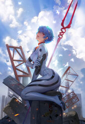 Rule 34 | 1girl, ass, ayanami rei, bident, bird, blue hair, bodysuit, breasts, cloud, cloudy sky, commentary, day, english commentary, fan yang (jiuge), from side, hand on own arm, highres, interface headset, lance of longinus (evangelion), looking at viewer, medium breasts, neon genesis evangelion, parted lips, pilot suit, plugsuit, polearm, red eyes, short hair, sideways glance, sky, solo, weapon, white bodysuit