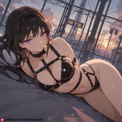 ai-generated akemi_homura bdsm beautfiul_background bondage bondage_outfit bound breasts cloud cloudy_sky collar glowing_neon_lights harness in_main_street large_breasts lying_seductive scowl sky stunning_backgroud sunset_glow