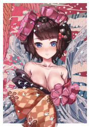 Rule 34 | 1girl, absurdres, bare shoulders, black hair, blue eyes, breasts, cleavage, fate/grand order, fate (series), flower, hair flower, hair ornament, hairpin, highres, japanese clothes, katsushika hokusai (fate), kimono, looking at viewer, medium breasts, short hair, sketch, solo, ten no hoshi, upper body