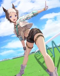 Rule 34 | 1girl, :d, animal ears, asymmetrical gloves, blue eyes, blue necktie, blue sky, blurry, blurry background, blush, boots, clear sky, cloud, collared shirt, full body, gloves, grass, grey shirt, hand on own knee, highres, horse ears, horse girl, hurdle, index finger raised, jacket, knees, long sleeves, looking at viewer, madori (madori151), mejiro ryan (umamusume), multicolored hair, navel, necktie, open mouth, outdoors, outstretched arm, shirt, short hair, sky, sleeves rolled up, smile, solo, spread legs, standing, stomach, sweatdrop, teeth, thigh strap, thighs, tongue, two-tone hair, umamusume, upper teeth only, white footwear, white gloves, white hair, white jacket, wing collar
