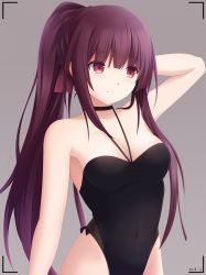 Rule 34 | 1girl, armpits, bare arms, bare shoulders, blush, braid, breasts, cleavage, collarbone, covered navel, crown braid, embarrassed, frown, girls&#039; frontline, hair ribbon, hand on own head, highleg, highleg swimsuit, highres, keenh, long hair, looking at viewer, medium breasts, one-piece swimsuit, ponytail, purple hair, red eyes, ribbon, signature, simple background, solo, swimsuit, upper body, very long hair, wa2000 (girls&#039; frontline)