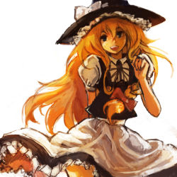 Rule 34 | 1girl, alternate eye color, arm behind back, blonde hair, blue eyes, bow, braid, female focus, hair bow, hat, kirisame marisa, long hair, nd, oekaki, open mouth, puffy sleeves, side braid, skirt, smile, solo, touhou, white background, witch, witch hat