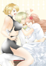 Rule 34 | 1boy, 2girls, angry, bare shoulders, black dress, blonde hair, grabbing another&#039;s breast, breast press, breasts, brown eyes, brown hair, charlotte pudding, chikaburo, cleavage, dress, closed eyes, facial hair, girl sandwich, goatee, grabbing, green hair, happy, hip focus, hug, huge breasts, large breasts, long hair, multiple girls, nami (one piece), one piece, open mouth, red eyes, sandwiched, sanji (one piece), short hair, sideboob, sitting, smile, thighs, twintails, wedding dress