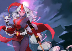 Rule 34 | 1girl, absurdres, breasts, cleavage, colored skin, full moon, goat girl, highres, horns, large breasts, league of legends, moon, night, pointy ears, purple skin, red eyes, sideboob, solo, soraka (league of legends), staff, white hair