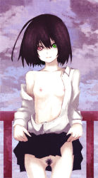 Rule 34 | 10s, 1girl, ak (akihito), ak (nijie), another, belly, black hair, bob cut, breasts, clothes lift, cloud, cloudy sky, dress shirt, expressionless, female pubic hair, flat chest, green eyes, head tilt, heterochromia, misaki mei, navel, no bra, no panties, off shoulder, open clothes, open shirt, pubic hair, pussy, railing, red eyes, shirt, short hair, skirt, skirt lift, sky, solo, thigh gap, unbuttoned, uncensored, wind