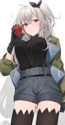 Rule 34 | 1girl, ahoge, apple, arknights, bitten apple, black gloves, black ribbon, black shirt, black thighhighs, blue shorts, blush, breasts, chunta, cowboy shot, food, food bite, from below, fruit, gloves, green jacket, grey hair, hair between eyes, hair ribbon, highres, holding, holding food, holding fruit, jacket, long hair, looking at viewer, low-tied long hair, medium breasts, notice lines, official alternate costume, open clothes, open jacket, parted lips, red eyes, ribbed shirt, ribbon, shirt, shirt tucked in, short shorts, shorts, side ponytail, simple background, skadi (arknights), skadi (the next afternoon tea) (arknights), solo, standing, thighhighs, turtleneck, very long hair, white background