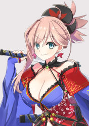 Rule 34 | 1girl, asymmetrical hair, autumn leaves, bad id, bad pixiv id, blue eyes, blue kimono, clothing cutout, detached sleeves, earrings, fate/grand order, fate (series), grey background, hair ornament, holding, holding sword, holding weapon, japanese clothes, jewelry, katana, kimono, leaf print, looking at viewer, magatama, maple leaf print, miyamoto musashi (fate), miyamoto musashi (third ascension) (fate), navel cutout, obi, pink hair, ponytail, runtatta1902, sash, sheath, sheathed, short kimono, simple background, sleeveless, sleeveless kimono, solo, sword, unsheathed, weapon, wide sleeves