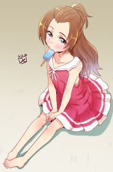 Rule 34 | 1girl, barefoot, blush, brown background, brown hair, dated, de (deys), dokidoki! precure, dress, feet, food, gradient background, legs, long hair, looking at viewer, madoka aguri, mouth hold, popsicle, precure, purple eyes, red dress, sailor collar, signature, sitting, sleeveless, solo, white sailor collar