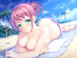Rule 34 | 1girl, atomix, barefoot, beach, beach towel, bikini, bikini bottom only, blush, breasts, butt crack, cloud, day, dutch angle, feet, foreshortening, green eyes, large breasts, looking at viewer, lying, nipples, on stomach, original, outdoors, palm tree, pink hair, sand, short hair, short ponytail, sky, smile, soles, solo, starfish, sweat, swimsuit, topfreedom, topless, towel, tree