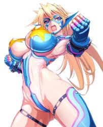Rule 34 | 1girl, blonde hair, blue eyes, breasts, eyemask, from below, large breasts, leotard, long hair, mask, open mouth, original, rakko (r2), revealing clothes, sandy bash, see-through, solo, standing, tagme, thigh strap, very long hair
