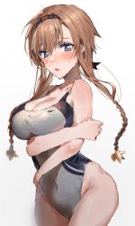 Rule 34 | 1girl, arms under breasts, black hairband, blue eyes, blush, braid, breasts, brown hair, cleavage, clothes writing, collarbone, competition swimsuit, crossed arms, hair between eyes, hair ornament, hairband, highres, inusaka, kantai collection, large breasts, long hair, looking at viewer, multicolored hair, one-piece swimsuit, propeller hair ornament, simple background, solo, swimsuit, teruzuki (kancolle), twin braids, two-tone hair, upper body, white background