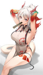 Rule 34 | 1girl, absurdres, arknights, armpits, arms up, bead bracelet, beads, bracelet, breasts, china dress, chinese clothes, colored skin, covered navel, dragon girl, dragon horns, dragon tail, dress, feet out of frame, folded fan, folding fan, from above, gradient skin, grey dress, hand fan, highres, horns, jewelry, large breasts, looking at viewer, looking up, mouth hold, multicolored hair, nevin (flyskying), nian (arknights), nian (unfettered freedom) (arknights), no panties, official alternate costume, purple eyes, red hair, red skin, sideboob, signature, silver hair, simple background, sitting, sleeveless, sleeveless dress, solo, streaked hair, tail, thighs, two-tone hair, tying hair, white background