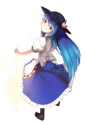 Rule 34 | 1girl, black footwear, blue hair, blue skirt, boots, closed mouth, food, fruit, full body, hinanawi tenshi, holding, holding sword, holding weapon, kaiza (rider000), long hair, looking at viewer, peach, puffy short sleeves, puffy sleeves, rainbow order, red eyes, shirt, short sleeves, skirt, smile, solo, standing, sword, sword of hisou, touhou, transparent background, very long hair, weapon, white shirt