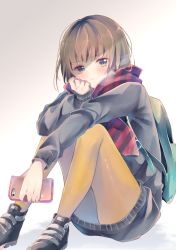 Rule 34 | 1girl, :t, ass, backpack, bad id, bad pixiv id, bag, black footwear, black sweater, blue eyes, blush, breath, brown hair, cellphone, closed mouth, commentary request, diagonal stripes, dress, hand up, highres, holding, holding phone, long sleeves, looking at viewer, naoton, orange pantyhose, original, pantyhose, phone, pout, scarf, shoes, sitting, sleeves past wrists, solo, striped clothes, striped scarf, sweater, sweater dress, white background