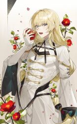 Rule 34 | 1boy, absurdres, androgynous, apple, blonde hair, blue eyes, bon (bony 53), bridal gauntlets, food, fruit, highres, holding, holding food, holding fruit, long hair, long sleeves, looking at viewer, low-braided long hair, low-tied long hair, lucas proust, male focus, open mouth, shirt, shuuen no virche, solo, very long hair, white background, white bridal gauntlets, white shirt