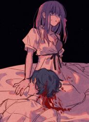Rule 34 | 1boy, 1girl, black background, bleeding, blood, blood on clothes, blood on face, bloody clothes, bloody dress, blue hair, bra, breasts, cleavage, commentary request, corpse, dress, fate/stay night, fate (series), full body, hair ribbon, heaven&#039;s feel, highres, long hair, machi (uqyjee), matou sakura, matou shinji, medium breasts, off shoulder, parted lips, pink ribbon, purple bra, purple eyes, purple hair, ribbon, shirt, short hair, short sleeves, sidelocks, simple background, spoilers, sweat, underwear, upper body, white dress, white shirt, wide-eyed