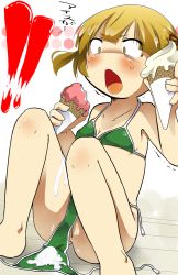 Rule 34 | !, !!, 1girl, bikini, blush, breasts, brown eyes, cleft of venus, female focus, floor, food, green bikini, holding, holding food, ice cream, ice cream cone, knees up, light brown hair, marui mitsuba, messy, mitsudomoe, on floor, open mouth, p-u-n-i, pussy, short hair, short twintails, sitting, small breasts, solo, spill, surprised, swimsuit, tonpuu, trembling, twintails, uncensored, untied bikini, wooden floor
