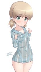 Rule 34 | 1girl, aki (girls und panzer), artist name, blonde hair, blush, breasts, collarbone, covered erect nipples, covered navel, dated, girls und panzer, green eyes, highres, kuzuryuu kennosuke, looking at viewer, open mouth, short hair, simple background, small breasts, solo, sweat, sweaty clothes, twintails, wet, wet clothes, white background