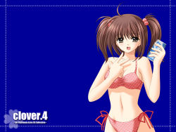 Rule 34 | 1girl, :d, ahoge, artist name, bikini, blue background, breasts, brown eyes, brown hair, can, clover, clover (game cg), copyright name, drink can, hair bobbles, hair ornament, highres, holding, holding can, looking at viewer, medium breasts, navel, nishimata aoi, open mouth, plaid, plaid bikini, red bikini, side-tie bikini bottom, simple background, smile, soda can, solo, swimsuit, twintails, wallpaper