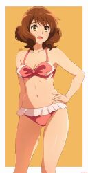 Rule 34 | 1girl, arm behind back, artist name, bare shoulders, bikini, blush, bow, bow bikini, breasts, brown eyes, brown hair, collarbone, commentary, cowboy shot, frilled bikini, frills, gluteal fold, groin, hair between eyes, halterneck, hand on own hip, hibike! euphonium, highres, looking at viewer, looking to the side, navel, open mouth, orange background, oumae kumiko, pink bikini, short hair, simple background, small breasts, smile, solo, standing, stomach, swept bangs, swimsuit, thighs, usagihop, watermark, wavy hair