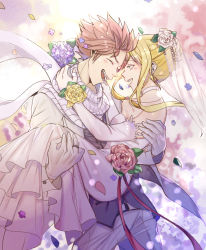 Rule 34 | 1boy, 1girl, absurdres, alternate costume, alternate hairstyle, bare shoulders, blonde hair, bouquet, breasts, bridal veil, buttons, carrying, cleavage, collarbone, commentary request, dress, earrings, eyelashes, fairy tail, falling petals, flower, formal, gloves, grey vest, hair flower, hair ornament, highres, husband and wife, jacket, jewelry, laughing, lucy heartfilia, medium breasts, natsu dragneel, niku (ni23ku), pants, parted lips, petals, pink flower, pink hair, pink rose, princess carry, rose, scarf, sidelocks, suit jacket, teeth, tongue, upper teeth only, veil, vest, wedding, wedding dress, white dress, white flower, white gloves, white pants, white rose, yellow eyes