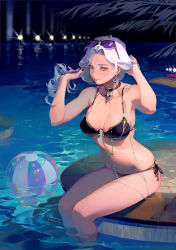 Rule 34 | 1girl, absurdres, adjusting hair, bikini, black nails, breasts, carmilla (fate), carmilla (swimsuit rider) (fate), carmilla (swimsuit rider) (third ascension) (fate), choker, collarbone, commentary request, earrings, eyewear on head, fate/grand order, fate (series), forehead, hand in own hair, hands in hair, hands up, highres, jewelry, large breasts, long hair, looking at viewer, nail polish, navel, night, poolside, side-tie bikini bottom, silver hair, sitting, soaking feet, solo, sunglasses, swimsuit, taro-k, water, yellow eyes