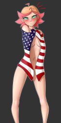 Rule 34 | 1girl, amanda o&#039;neill, american flag, blush, breasts, flag, green eyes, grey background, groin, highres, little witch academia, looking at viewer, medium breasts, navel, nude, orange hair, pink hair, pudgeruffian, short hair, simple background, solo, standing