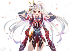 Rule 34 | 1girl, blush, joints, long hair, looking at viewer, mask, mask on head, mecha musume, open mouth, original, phantasy star, phantasy star online, phantasy star online 2, red eyes, robot joints, silver hair, smile, snow is, solo, teeth, twintails