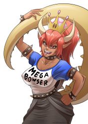 Rule 34 | 1girl, absurdres, alternate color, arm up, armlet, black skirt, bowsette, bracelet, breasts, cleavage, collar, crown, dark-skinned female, dark skin, earrings, hair between eyes, hand on own hip, high ponytail, highres, horns, jewelry, large breasts, looking at viewer, mario (series), mega milk, meme attire, new super mario bros. u deluxe, nintendo, red eyes, red hair, sharp teeth, shirt, short sleeves, skirt, solo, spiked armlet, spiked belt, spiked bracelet, spiked collar, spikes, super crown, t-shirt, tail, teeth, thick eyebrows, tongue, tongue out, underpable, watermark, web address, white background