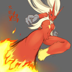 Rule 34 | 1girl, absurdres, artist name, beak, bird girl, bird tail, blaziken, blonde hair, blue eyes, body fur, breasts, chinese text, claws, clenched hand, colored sclera, creatures (company), female focus, fire, foreshortening, game freak, gen 3 pokemon, grey background, highres, jumping, kicking, leg up, long hair, looking at viewer, medium breasts, navel, nintendo, open mouth, pokemon, pokemon (creature), red fur, signature, simple background, solo, stomach, tail, tongue, translation request, treyer, two-tone fur, yellow fur, yellow sclera