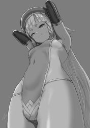 Rule 34 | 1girl, armpits, arms behind head, arms up, bad id, bad twitter id, bare shoulders, beret, blunt bangs, blush, breasts, closed mouth, covered navel, detached sleeves, erune, eyeliner, foreshortening, granblue fantasy, grey background, greyscale, hat, highleg, highleg leotard, highres, leotard, long hair, looking at viewer, makeup, monochrome, nosuku, pholia, short eyebrows, sideboob, sideless outfit, simple background, small breasts, smile, solo, thighs, wide sleeves