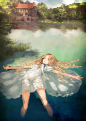 Rule 34 | 10s, 1girl, afloat, blonde hair, blue eyes, circle skirt, dress, floating, highres, kaoming, long hair, lying, marnie (omoide no marnie), omoide no marnie, on back, outstretched arms, partially submerged, see-through, short sleeves, solo, very long hair, water, wet, wet clothes, white dress