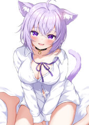 Rule 34 | 1girl, absurdres, ahoge, animal ear fluff, animal ears, black collar, blush, breasts, cat ears, cat girl, cat tail, cleavage, collar, fang, hair between eyes, highres, hololive, large breasts, long sleeves, looking at viewer, nekomata okayu, nekomata okayu (oversized shirt), official alternate costume, open mouth, purple eyes, purple hair, rinkaa (lovelive765pro2), shirt, short hair, solo, tail, virtual youtuber, white shirt